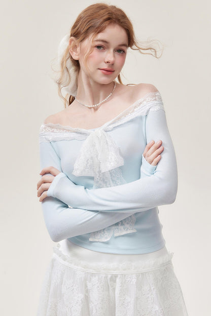 Light  Blue Lace One-Shoulder Top
