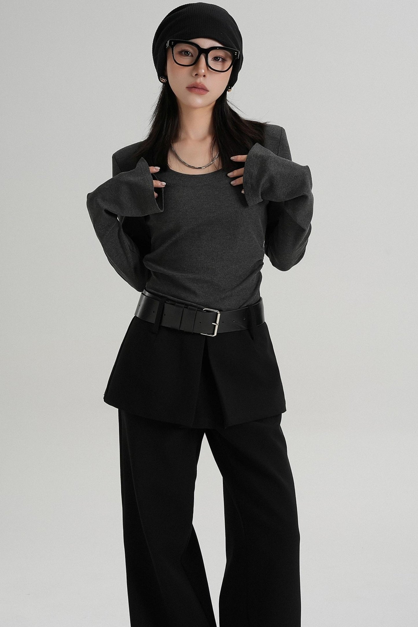 T-shirt amincissant à manches longues à taille ras du cou