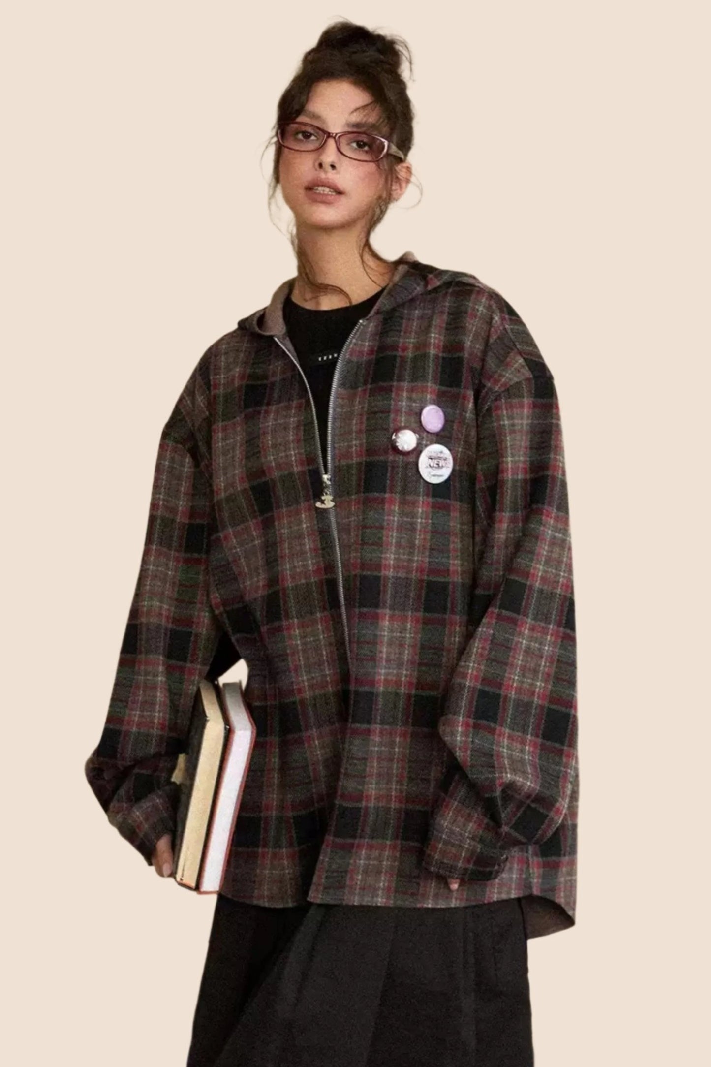 EZEK American Vintage Hooded Plaid Long Sleeve Shirt Women's Thickened Loose Slouchy Shirt Jacket Trendy Brand Top