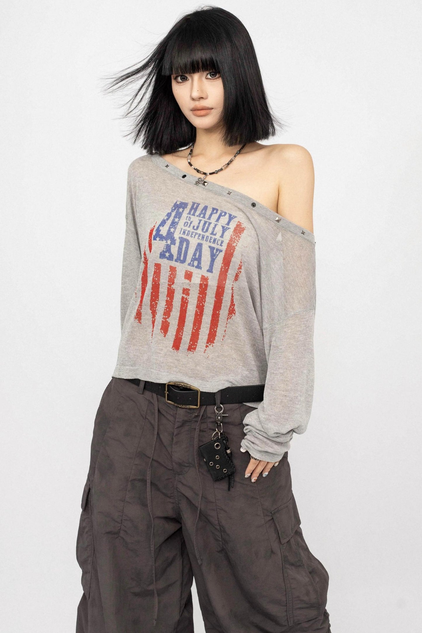 Slanted Shoulder Long Sleeve Top