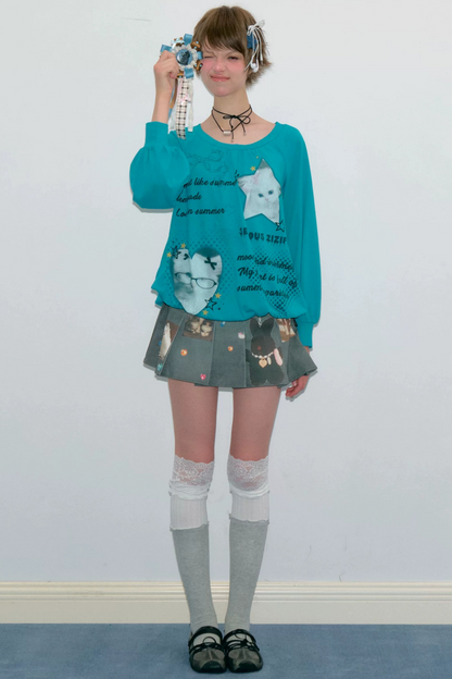 Cat Print Lantern Sleeve T-Shirt