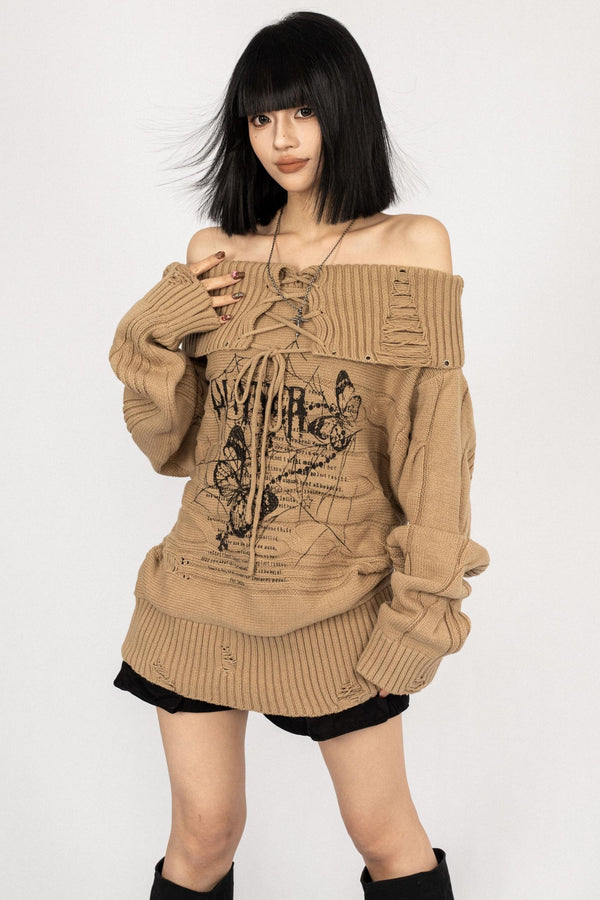 Vintage Bow Print Off-the-Shoulder Top