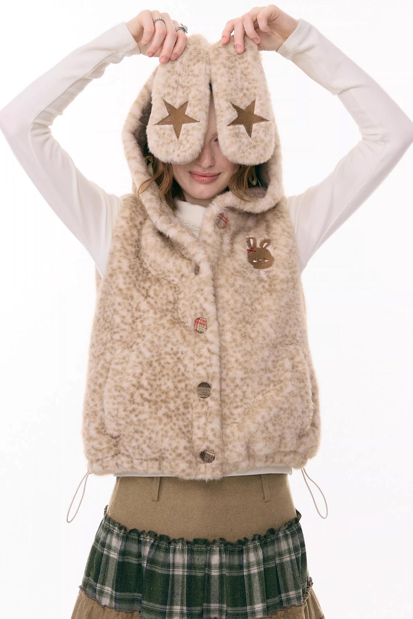 Black Leather Rabbit Hooded Vest Jacket