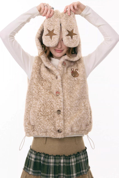 Black Leather Rabbit Hooded Vest Jacket