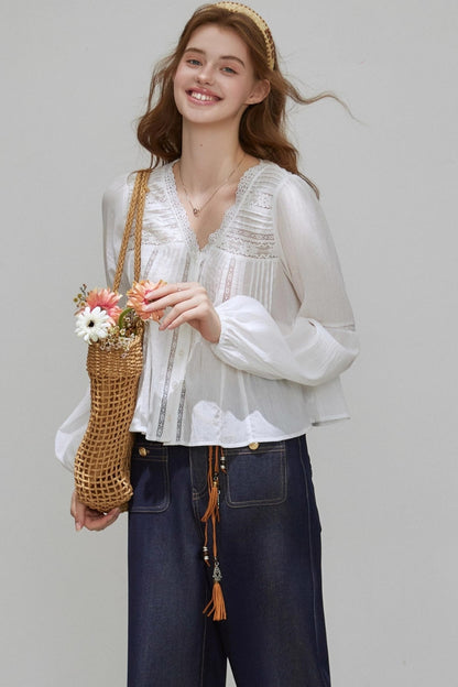 White Lace V-Neck Top