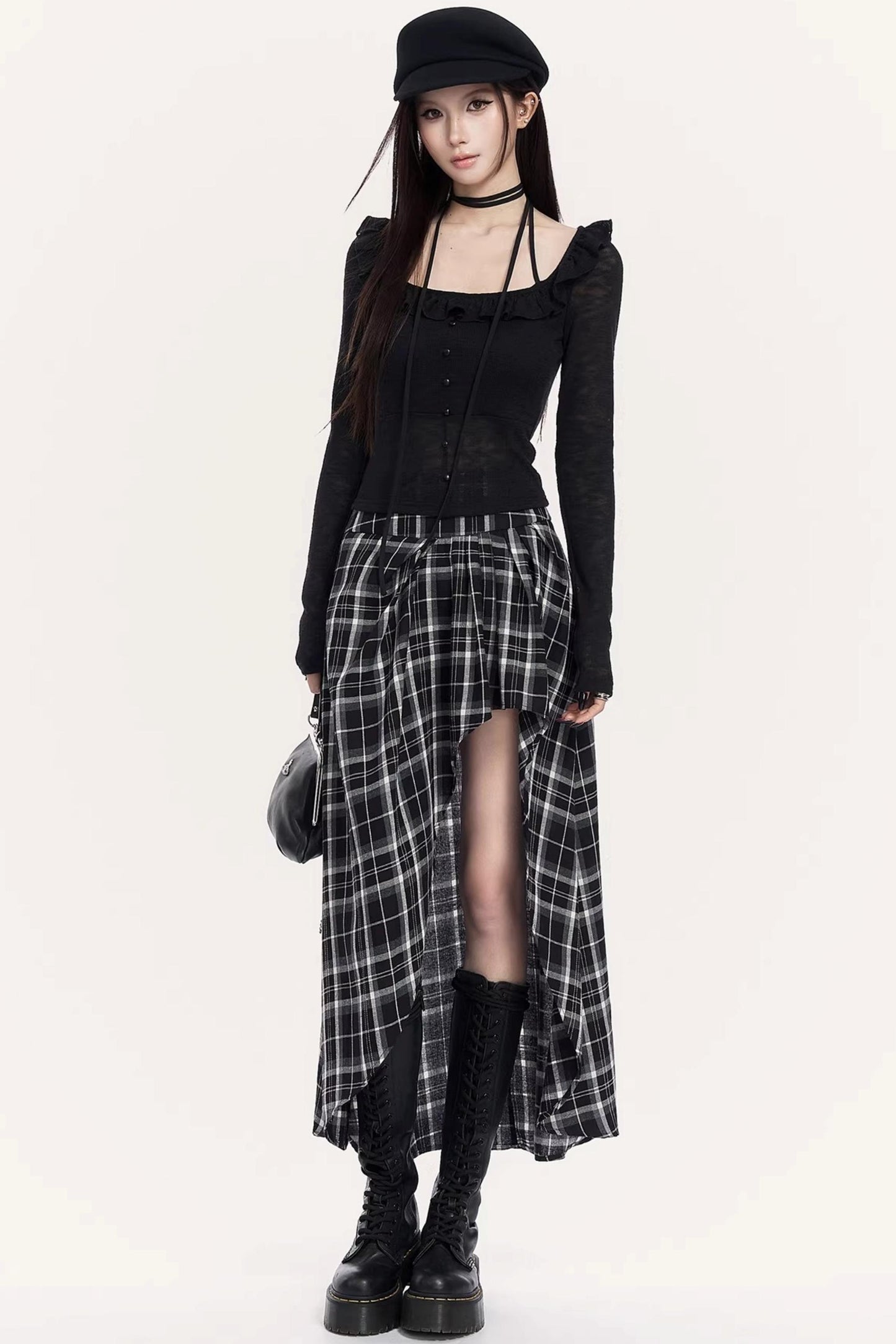 Irregular Plaid Long Skirt