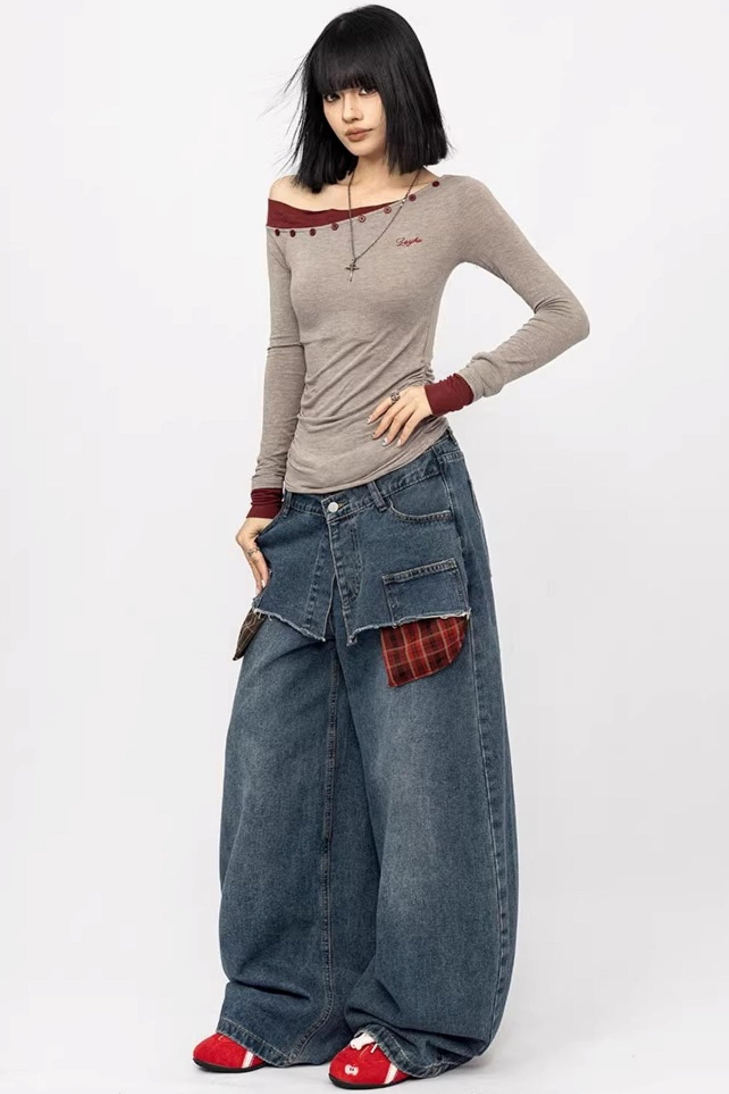 Slanted Shoulder Long Sleeve Slim Top