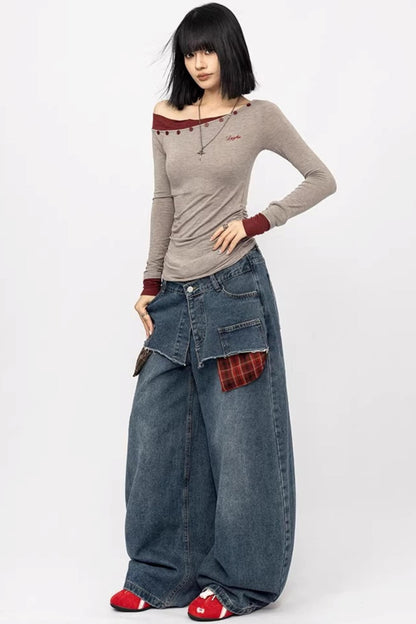 Slanted Shoulder Long Sleeve Slim Top