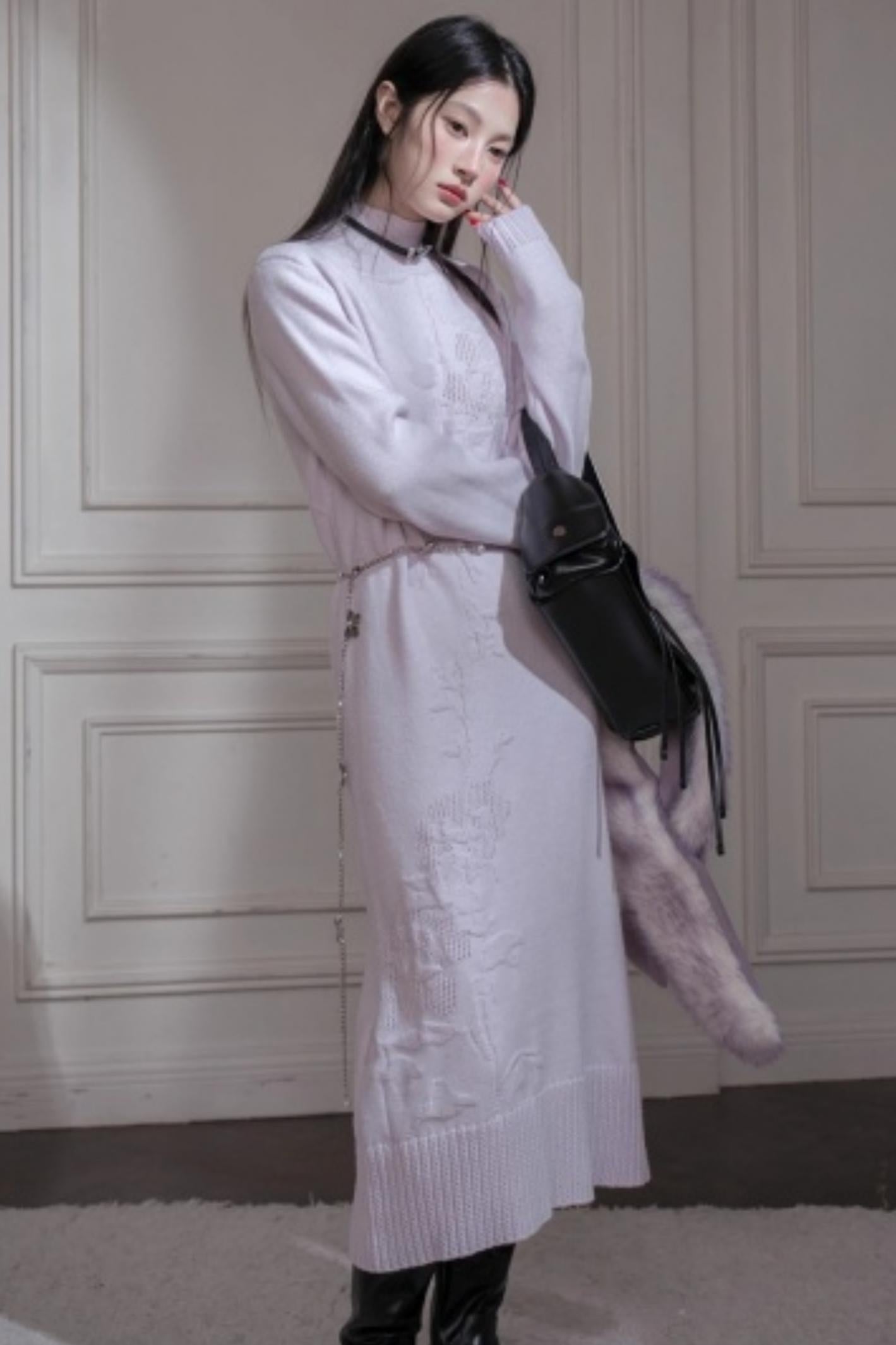 Light Purple Wool Floral Dress Set