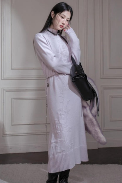 Light Purple Wool Floral Dress Set