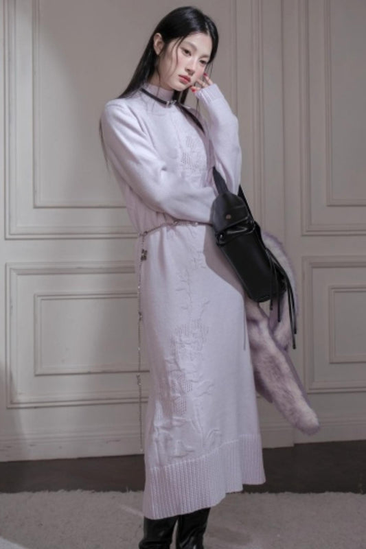 Light Purple Wool Floral Dress Set