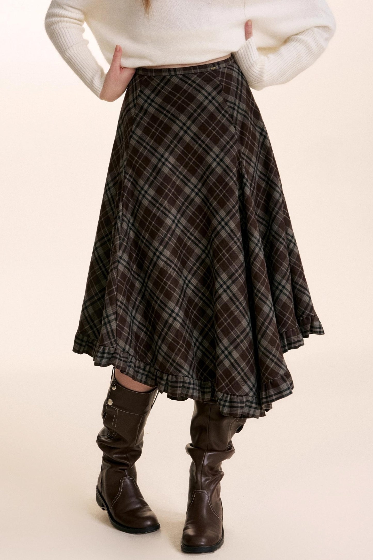 Irregular Ruffled Plaid Skirt