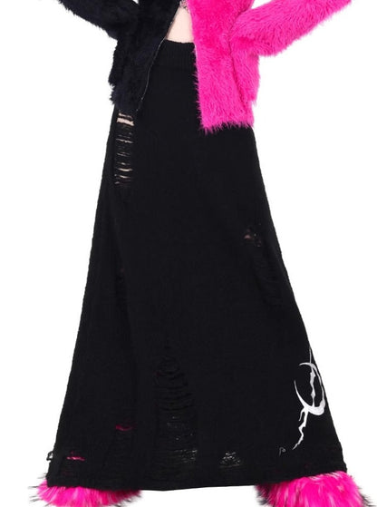 Embroidered knitted wool long skirt