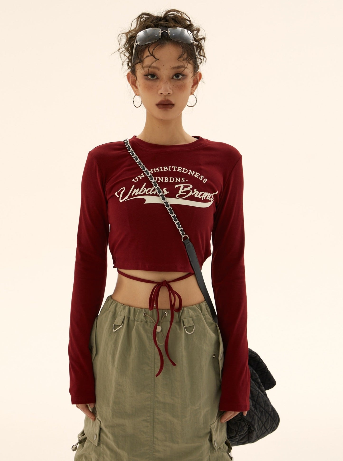 American vintage lace-up waistless long-sleeved T-shirt top