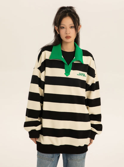 American loose oversize striped polo collar sweater top