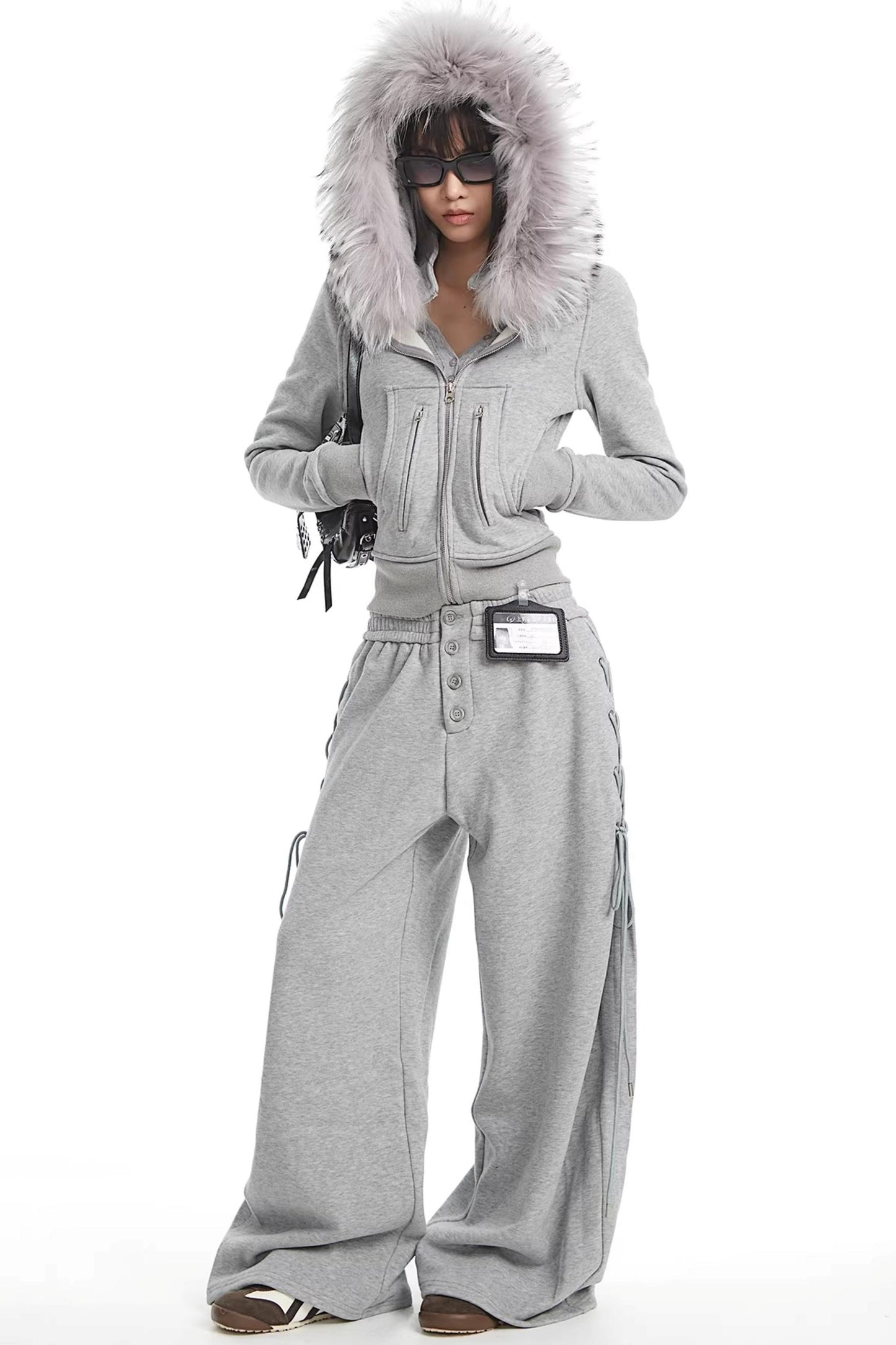 Korean Fur Collar Hooded Jacket Set-Up