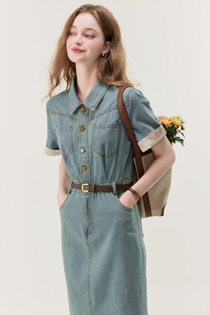 Denim Blue Spliced A-Line Dress