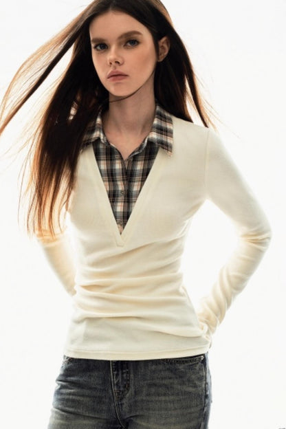 Plaid V-Neck Knit Sweater