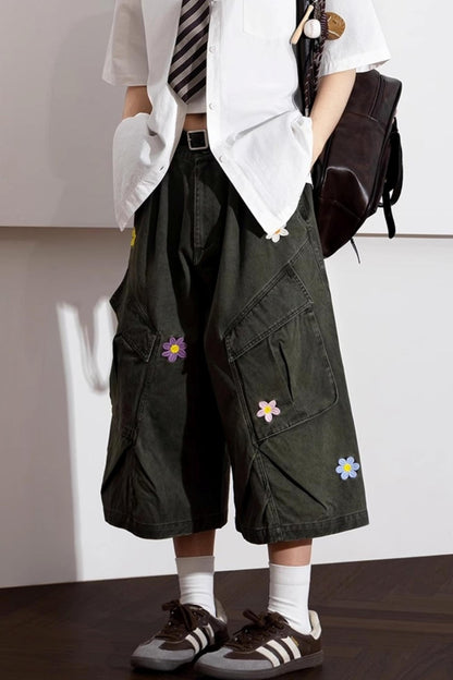 Floral Embroidered Wide-Leg Shorts