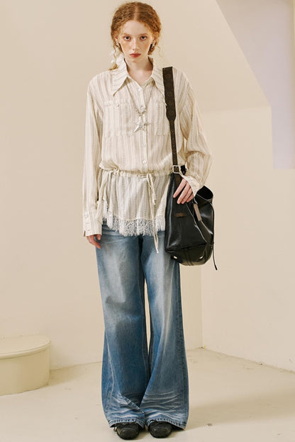 Vintage Lace-Trimmed Drawstring Shirt