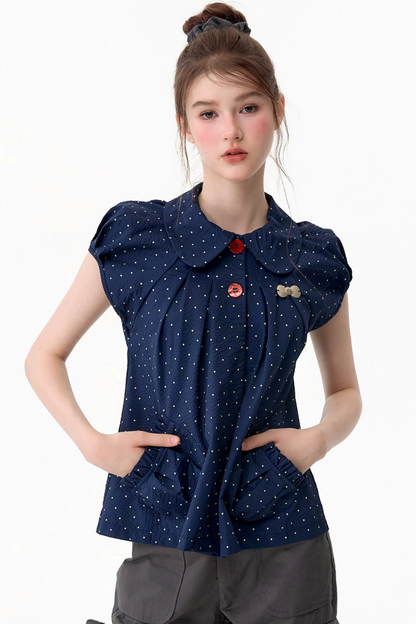 Maglia aderente retrò con colletto Peter Pan a pois