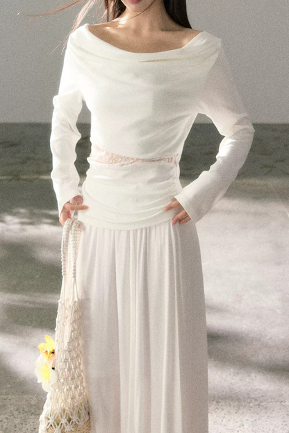 White Lace Cutout Draped Top Set-Up