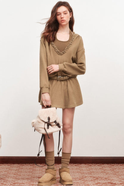 V-Neck Long Sleeve Ruffled Dress