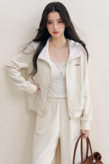 Rose Print Patchwork Hooded Jacket Set-Up