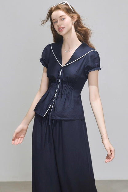 Navy Linen Pants Set-Up