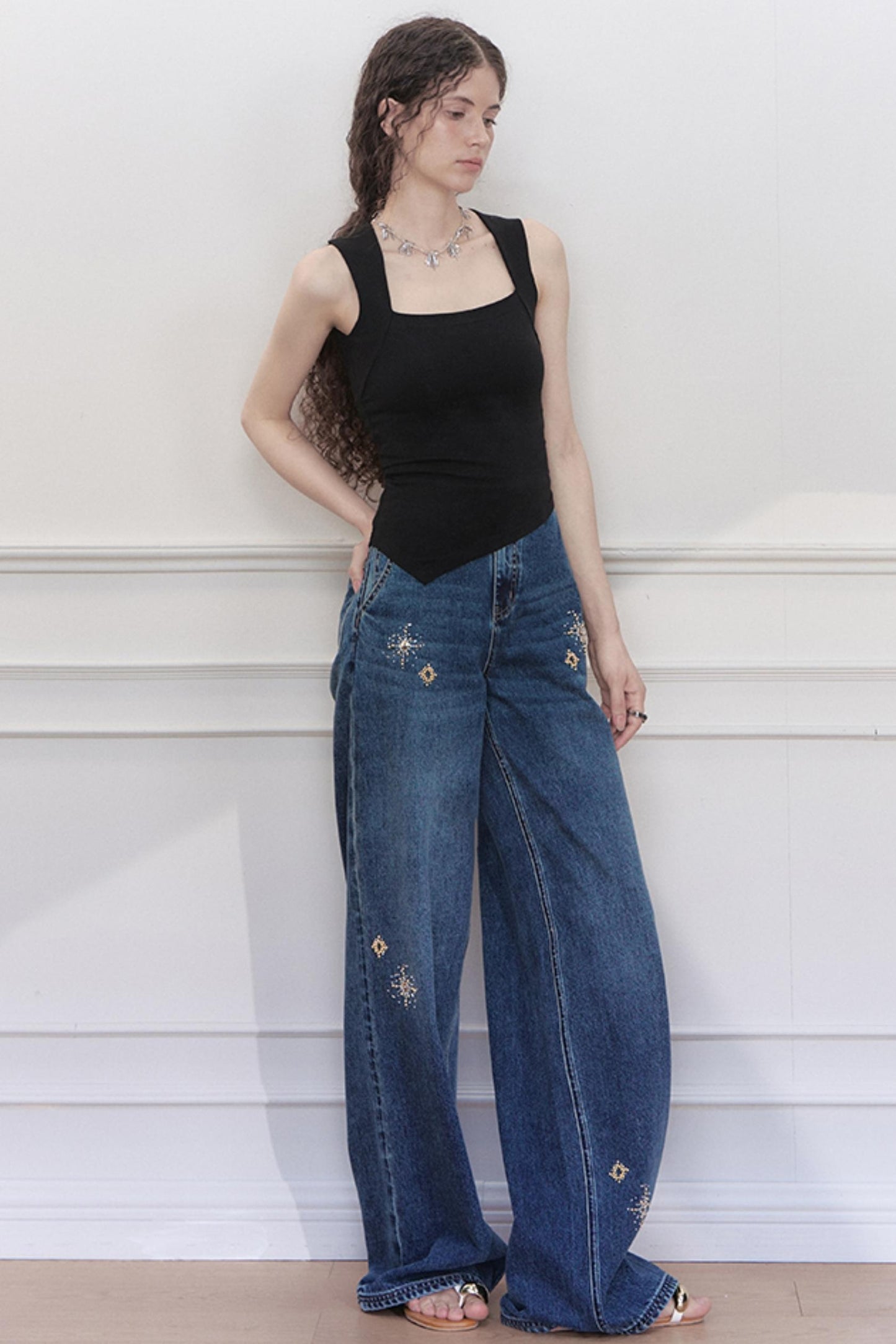Blue Star Embroidered Wide-Leg Jeans