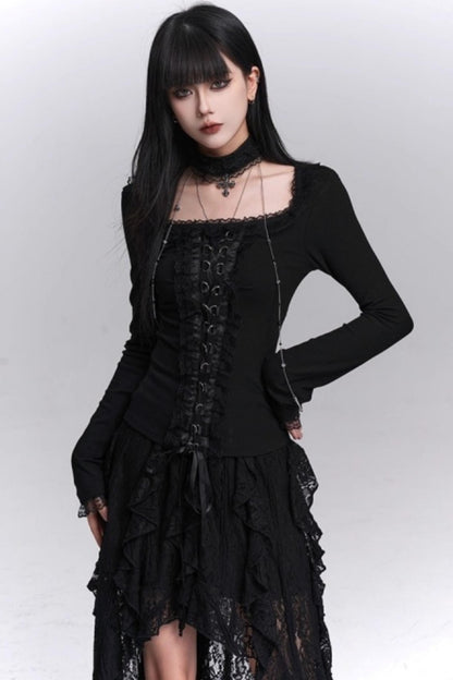 Gothic Black Slim Long Sleeve Top