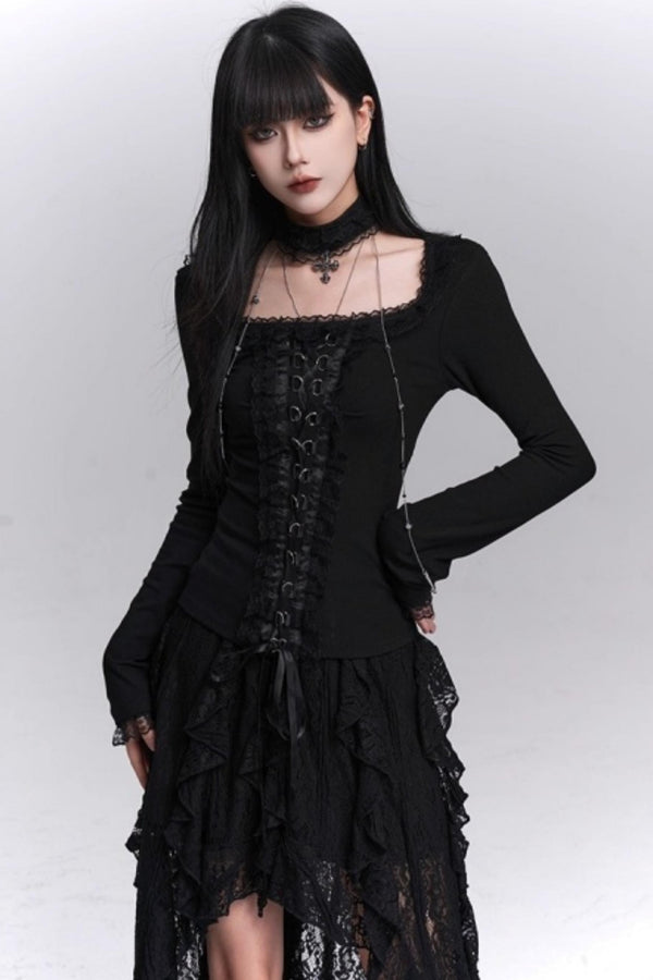 Gothic Black Slim Long Sleeve Top