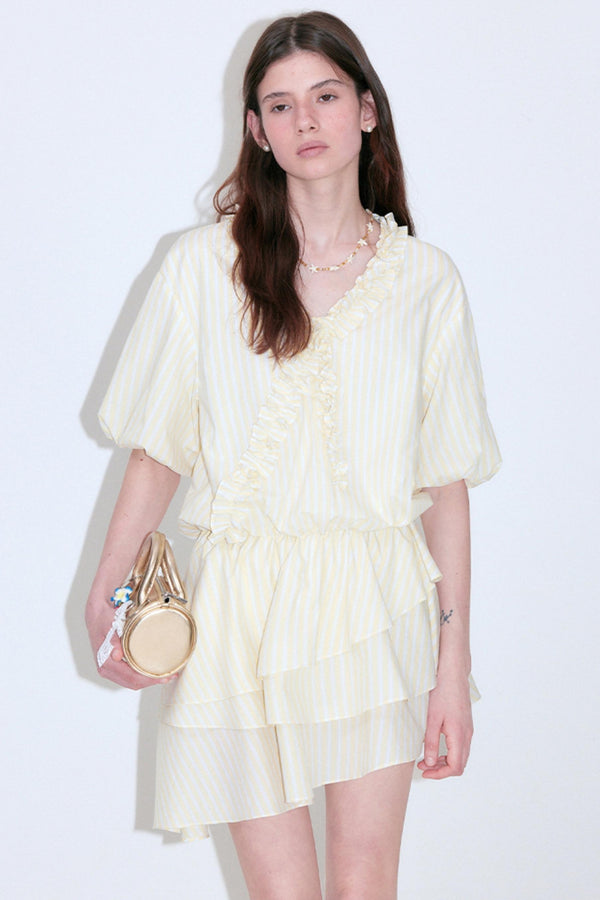 Stripes Asymmetrical Ruffles V-Neck Trim Dress