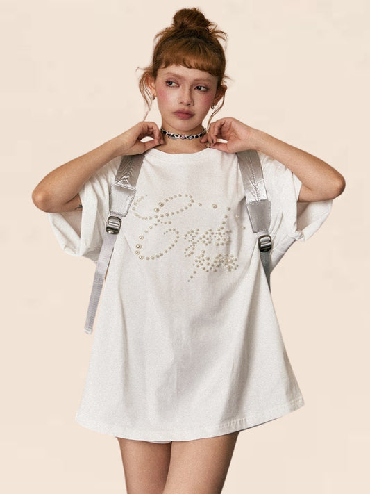 Beaded Pearl Loose Mid-Length T-shirt