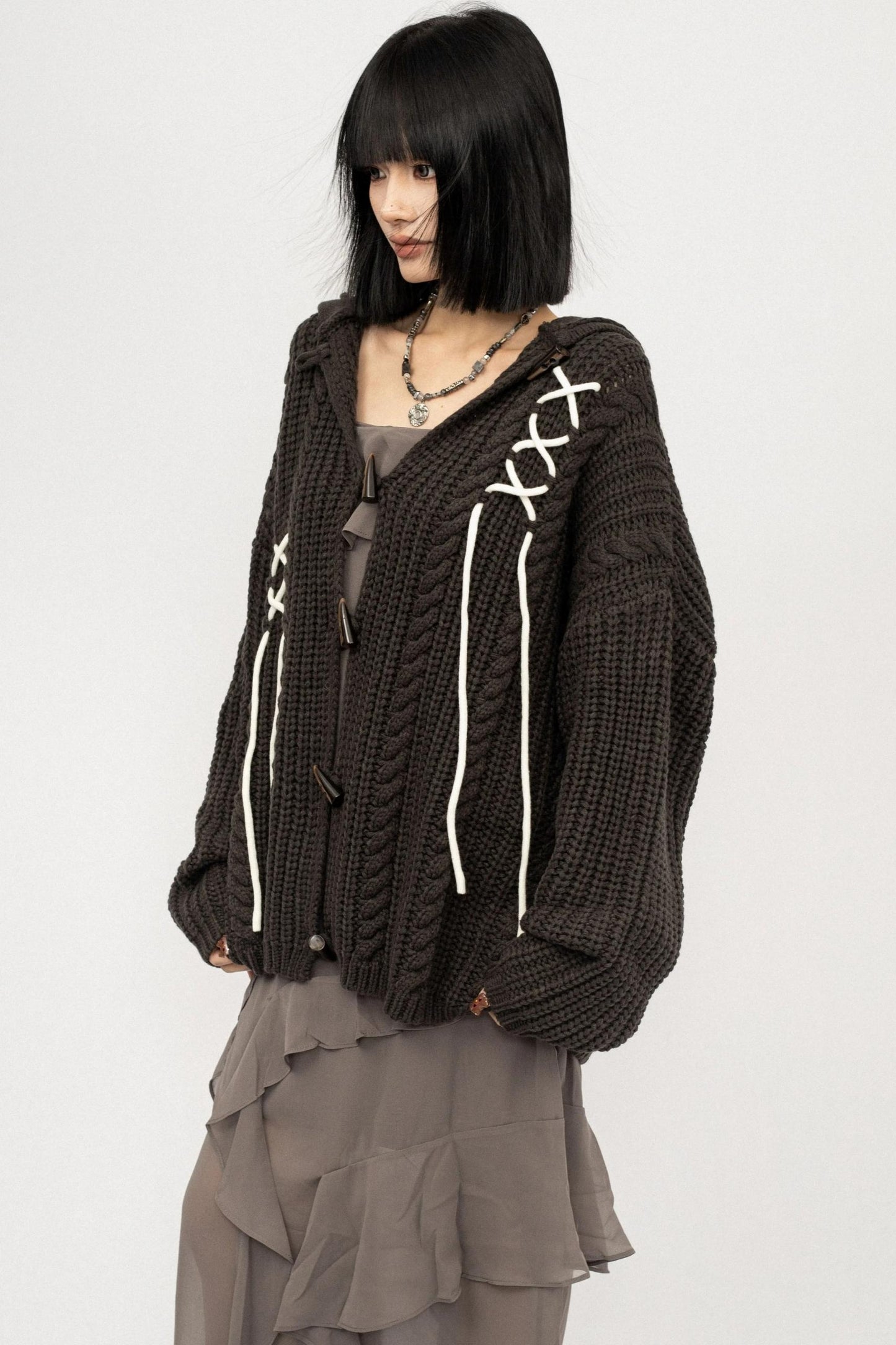 American Retro Knitted Hooded Cardigan