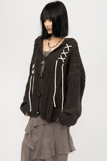 American Retro Knitted Hooded Cardigan