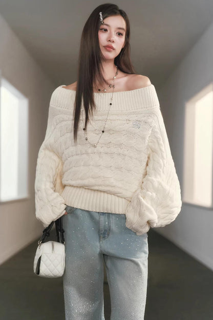 Slanted Shoulder Knit Sweater Set-Up