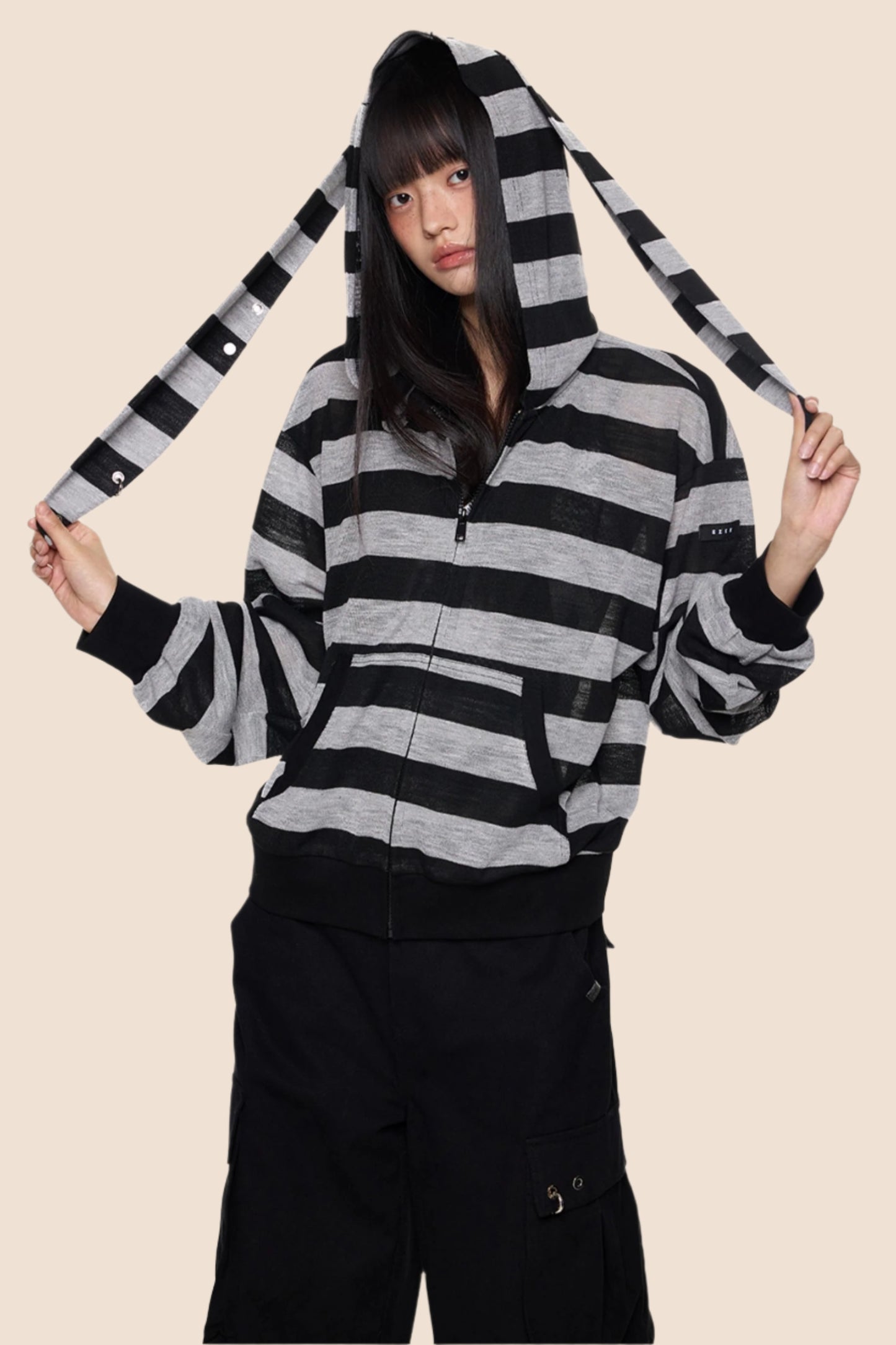 Rabbit Ears Stripe Hooded Long Sleeve Cardigan