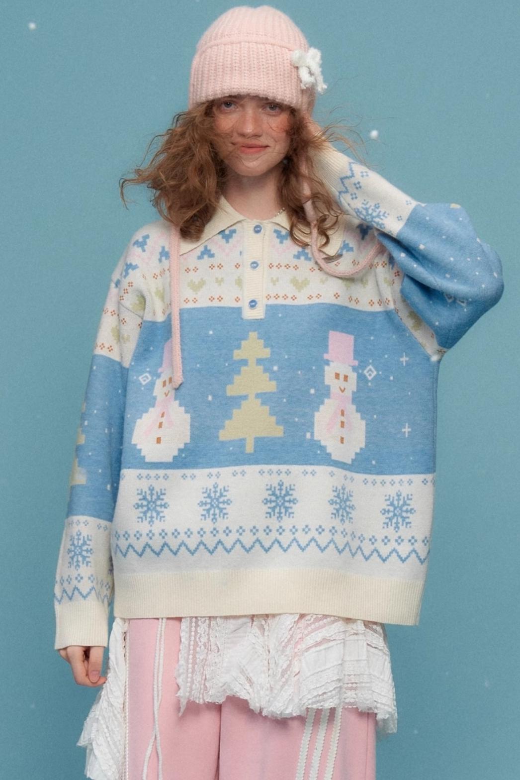 Retro Contrast Snowman Polo Neck Sweater