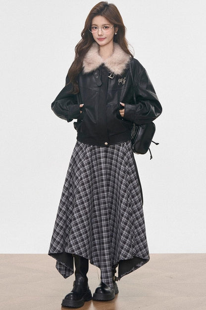 Black Leather Fur Collar Jacket Set-Up