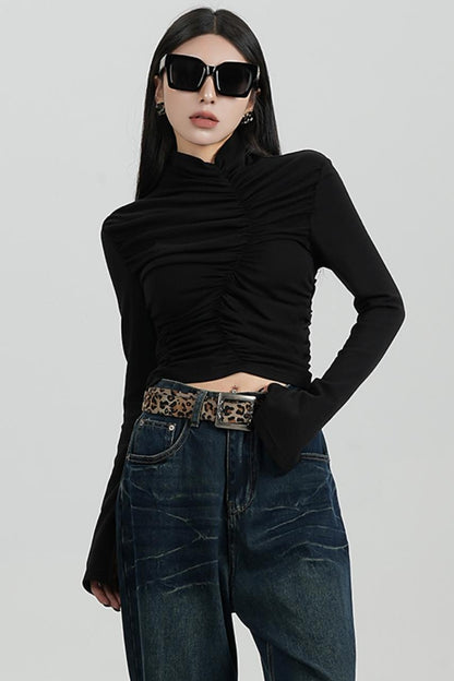 SRYSAME's fashionable design, pleated high-waisted base layer, T-shirt, long-sleeved top, autumn new women's wear