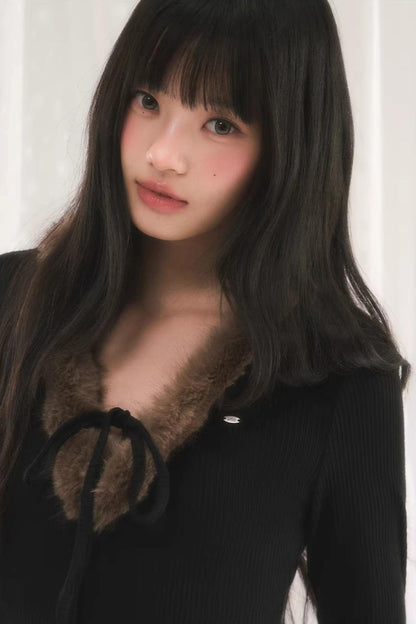 Korean-Style Furry V-Neck Top