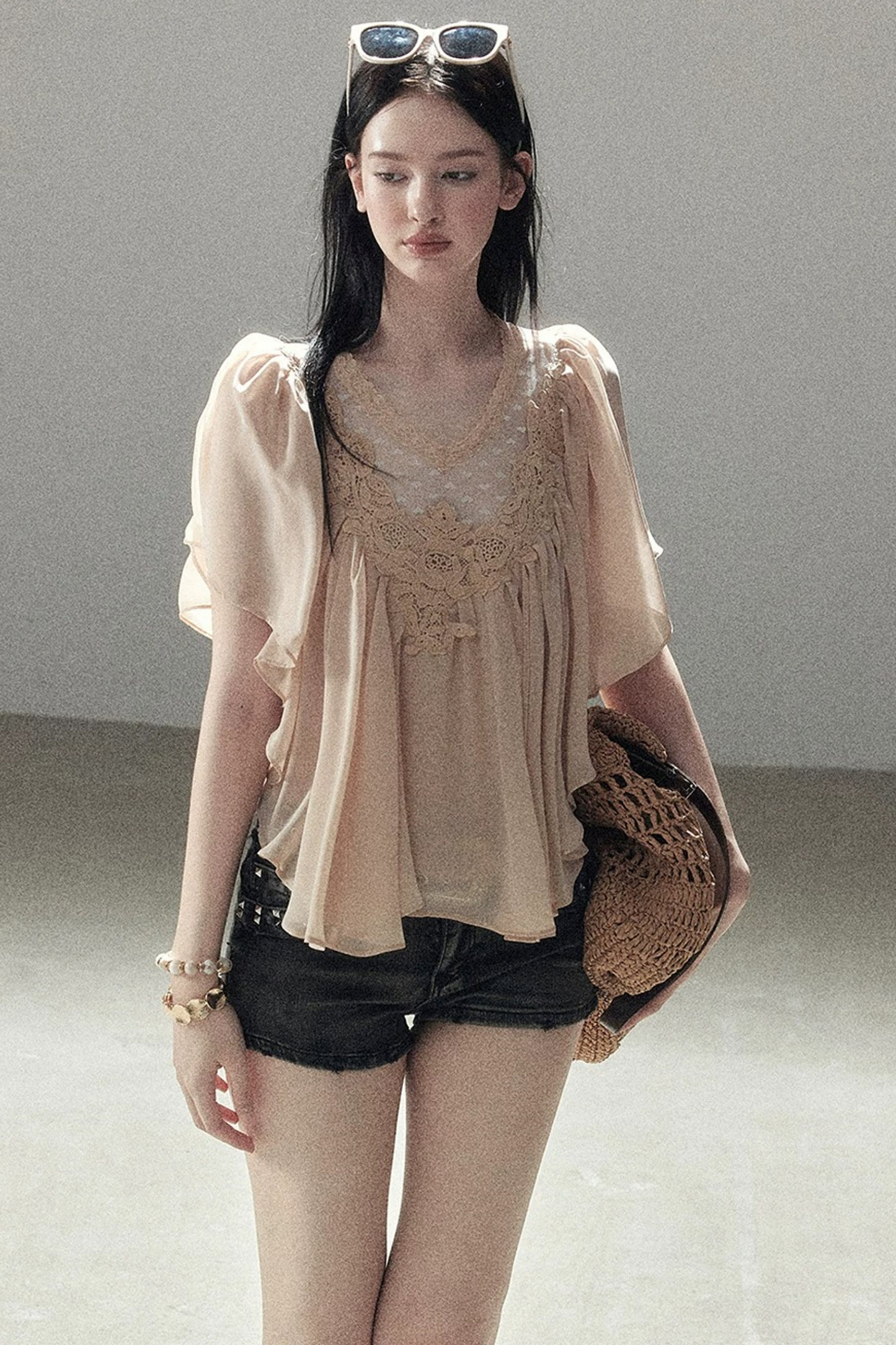 Lace Chiffon Ruffle Top
