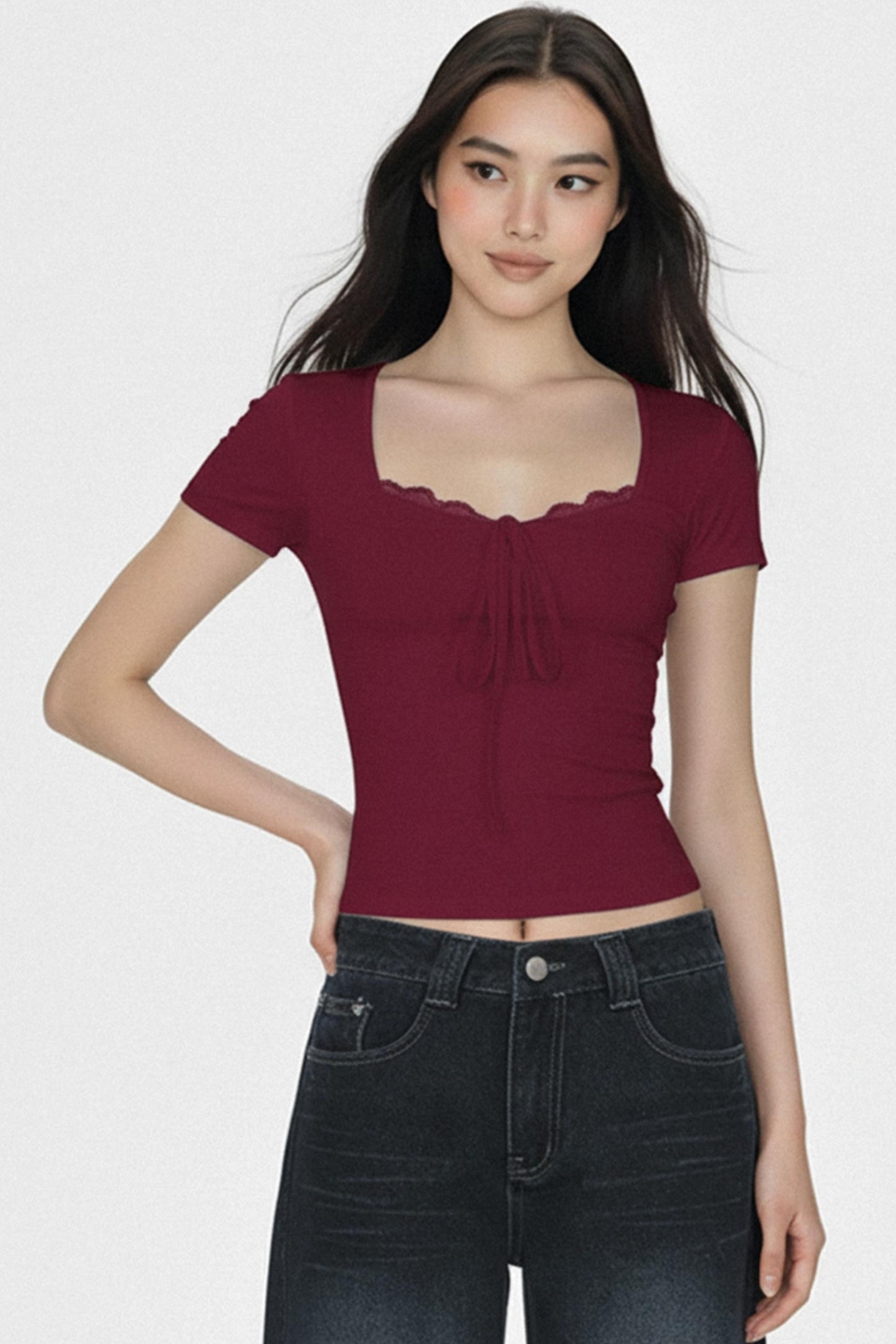 솔리드 레이스 트리밍 크롭 탑