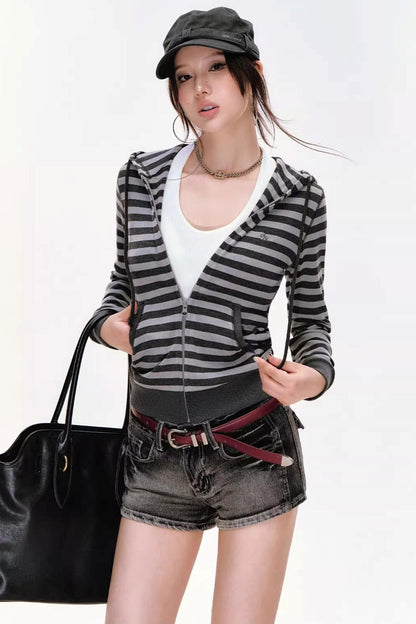 Contrasting Striped Vintage Hooded Cardigan