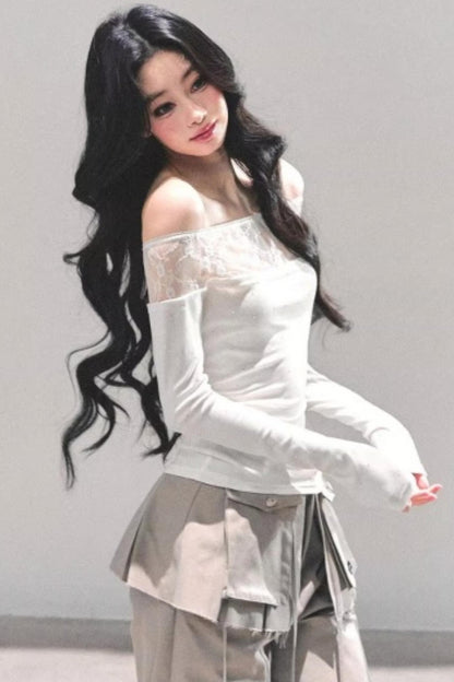 Lace Polka Dot One-Shoulder Top