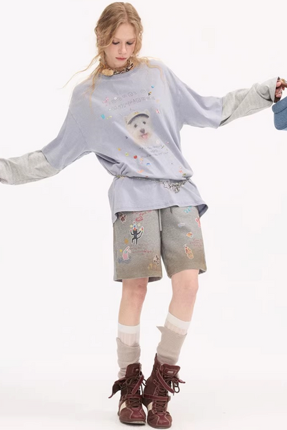 Cartoon Animal Distressed Pants