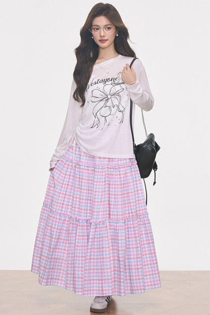 Printed Sheer Blouse and Plaid Skirt Set-Up