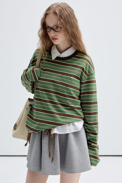 Contrast Stripe Retro Crew Neck Top Set-Up