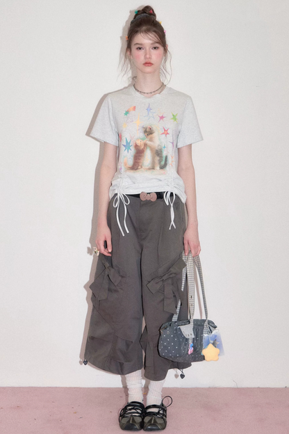 Cat Print Drawstring T-Shirt